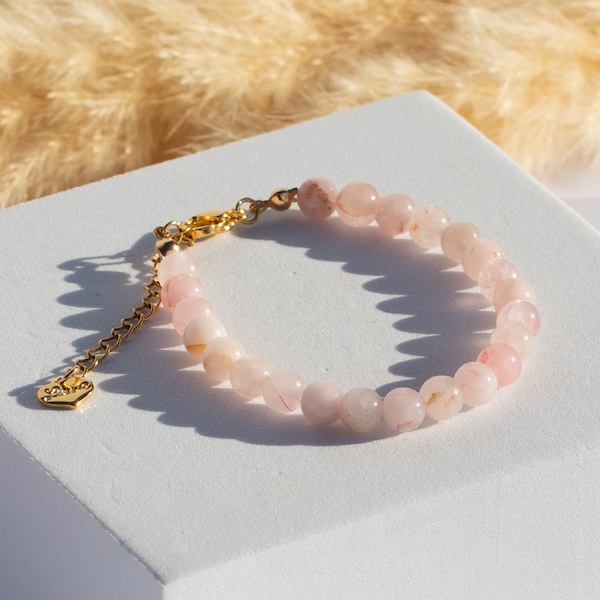 Bracelet perlé Quartz Rose 6 mm - Bracelet Or Pierres Précieuses - Bracelet Pierre Naturelle - Bracelet Ajustable 15-21 cm - NONOSH