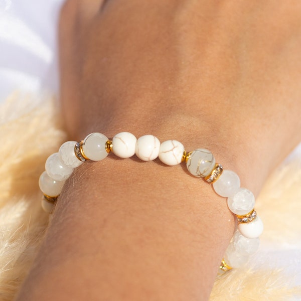 Howlite Bead Bracelet - Bracelet en pierre gemme beige Ø8 mm- perles avec paillettes dorées Ø8 mm- pierres CZ - idée cadeau - NONOSH