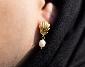 Freshwater Pearl Earrings Gold - 18K Gold Plated Shell - Pearl Earrings - Waterproof - Hanging Gold Earrings - Gift for Her - NONOSH