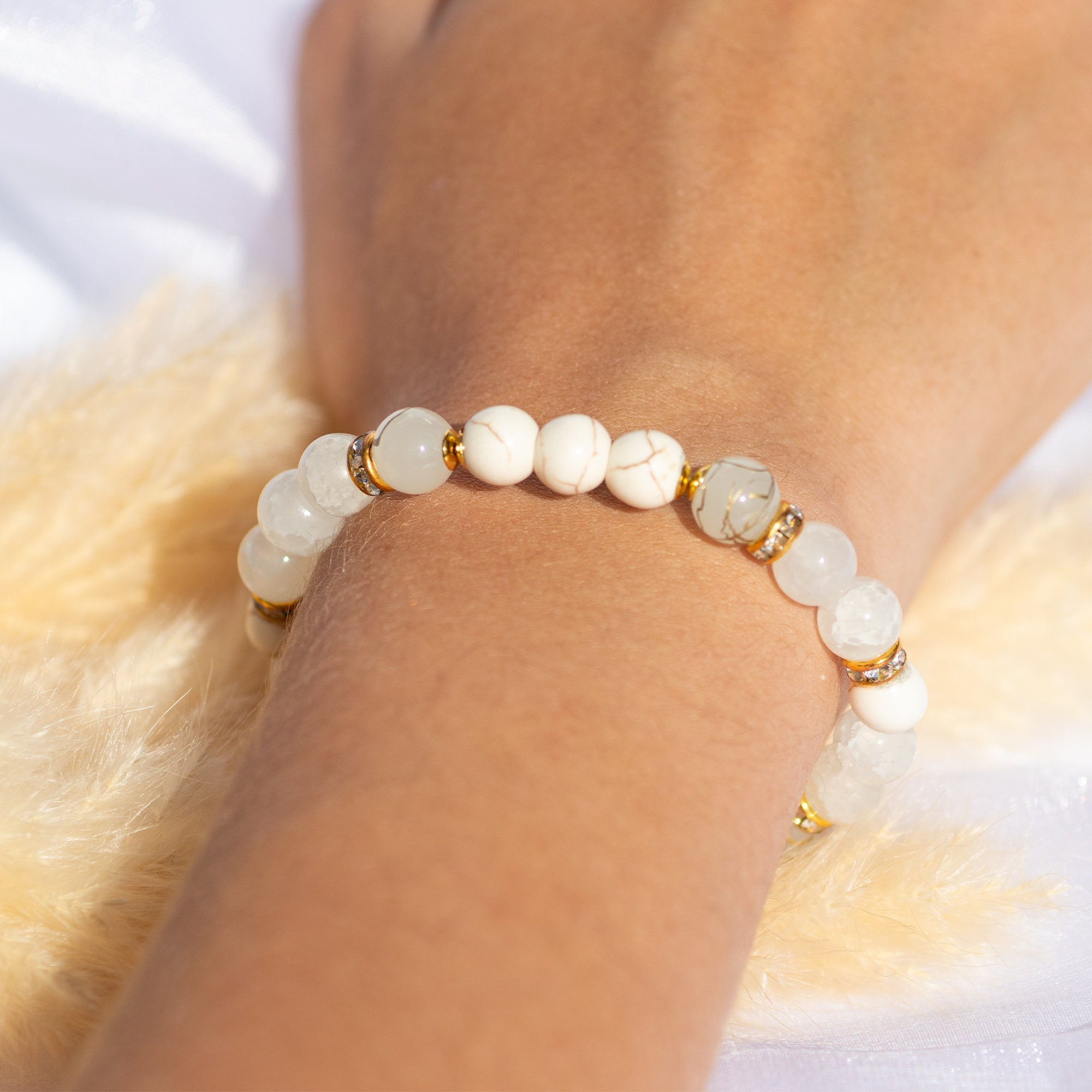 Howlite Pearl Bracelet Beige Gemstone Bracelet Ø8 Mm Pearls With Golden  Sprinkles Ø8 Mm CZ Stones Gift Idea NONOSH - Etsy