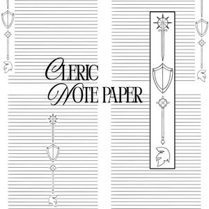 May include: A sheet of lined note paper with the text CLERIC NOTE PAPER in black ink. The design features black and white line art illustrations of swords, shields, maces, and helmets arranged in vertical columns and along the bottom border.