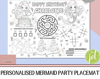 May include: A black and white printable mermaid-themed party placemat with a maze, a tic-tac-toe game, a word scramble, and a spot the difference game. The placemat is personalized with the name "Charlotte" and the text "Happy Birthday".