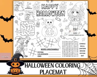 May include: A black and white Halloween coloring placemat with various activities, including a maze, word unscramble, and I Spy game. The placemat features Halloween-themed illustrations such as ghosts, a cat in a pumpkin, and a witch. The text "Happy Halloween" is prominently displayed.