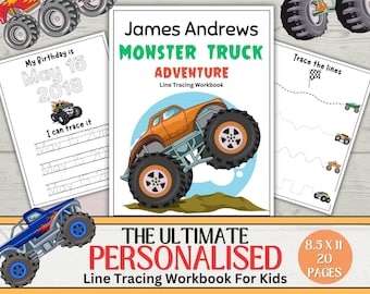 May include: A personalized monster truck themed line tracing workbook for kids. The cover features a bright orange monster truck with a blue sky and green grass background. The title "Monster Truck Adventure" is in green text. The workbook is 8.5 inches by 11 inches and has 20 pages.