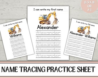 Personalized Name Trace Handwriting Worksheet Kids Printable Handwriting  Practice Page Custom Name Tracing Sheet Construction Busy Book