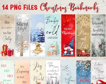 May include: Set of 14 printable Christmas bookmarks featuring various festive designs and quotes.  Includes images of gnomes, reindeer, owls, a Christmas tree, a bunny, and more.  Quotes include "Tis the season to be jolly", "Silent Night", "Baby it's cold outside", "Merry Christmas", "Joy to the World", "The most wonderful time of the year", "Let it snow", "Merry Christmas", "Oh holy night the stars are brightly shining", "Believe in the magic of Christmas", "It's beginning to feel like Christmas", and "Ho ho ho Merry Christmas".