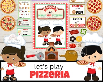 May include: Printable set of play pizzeria signs and props for kids. Includes a welcome sign, menu, order form, pizza toppings, and more.  The signs say "Welcome to Mama Mia Pizzeria", "Pick Up Here", "Place Order Here", "Come In We Are Open", and "Sorry We Are Closed".