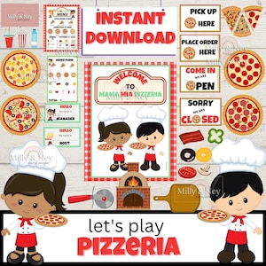 Pizza dramatic play, preschool activities, pizza shop, imaginative play, pretend play kit, pizza printables, Prek printables, dress up,