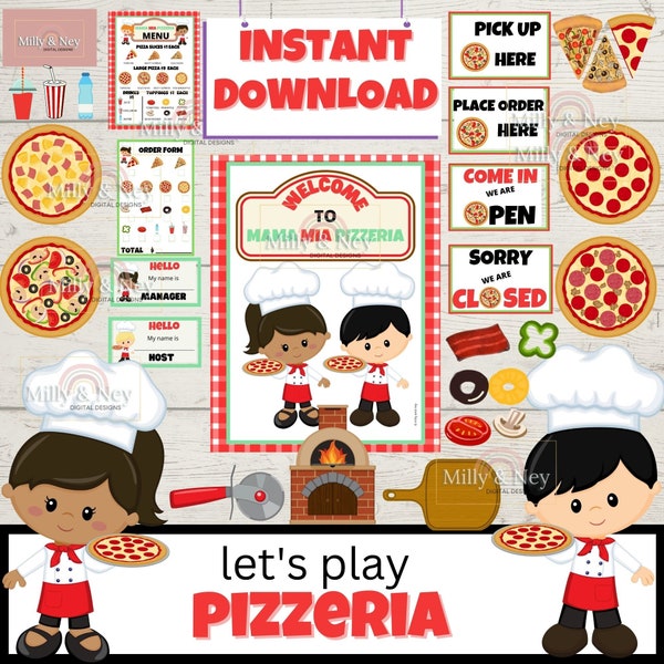 Pizza dramatic play, preschool activities, pizza shop, imaginative play, pretend play kit, pizza printables, Prek printables, dress up,