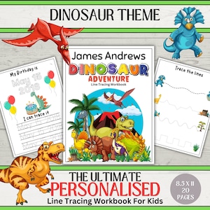 Paquete de seguimiento de nombres personalizado Página de escritura personalizada Hoja de práctica de escritura a mano Tema de dinosaurio Libro ocupado Seguimiento preescolar imprimible PDF