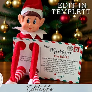 May include: An elf doll wearing a red hat and white collar holds a red and white striped postcard. The postcard reads "Dear Maddison, I'm Back!" with a holiday message. The background features a Christmas tree with ornaments.