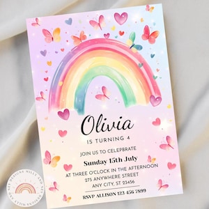 Invito a farfalla, invito di compleanno arcobaleno, modello modificabile per festa per ragazze, design floreale stravagante per ragazze, festa divertente, colori pastello
