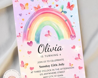 Butterfly Invitation, Rainbow Birthday Invite, Editable Girl Party Template, Whimsical Floral Design For Girls, Fun Party, Pastel Colors