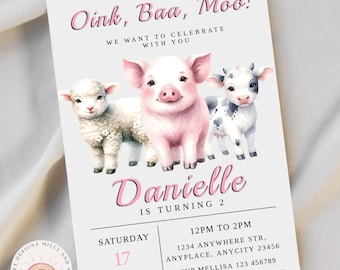Farm 2nd Birthday Invite, Editable Farm Animal Birthday Invitation for Girls, Cute Barnyard Party Template, Digital Download