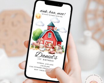 Convite de aniversário na fazenda, modelo digital editável para um ano de idade, animais fofos da fazenda, 1º aniversário Evite, download instantâneo para impressão
