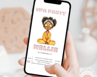 May include: A digital invitation for a spa party for a girl named Nellie turning 9. The invitation features a cartoon illustration of a girl with cucumber slices on her eyes wearing a yellow robe. The text "SPA PARTY" is in pink letters and the text "NELLIE" is in pink letters with a pink outline.