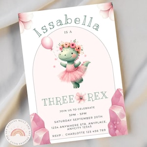 Three Rex Birthday Invitation Girl, Editable Dinosaur Party Invite, Cute Pink Template, Digital Download, 3rd Birthday, Instant Evite