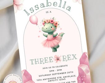 Three Rex Birthday Invitation Girl, Editable Dinosaur Party Invite, Cute Pink Template, Digital Download, 3rd Birthday, Instant Evite