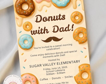 Donuts with Dad Flyer Template, Editable School Event Invitation, Father's Day Digital Download, Fun Party, PTO, Fathers Day Brunch Event