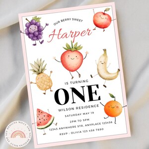 Dancing Fruit Birthday Invitation, Editable Kids Party Invite, Printable Tropical Theme, Instant Download PDF, Cute Colorful  Printable Card