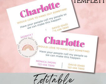 Playdate Cards, Editable Kids Contact Cards, Printable Summer Playdate Invitations, Keep in Touch Templates
