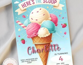 Here's the Scoop Ice Cream Birthday Invitation, Editable Party Invite, Printable Summer Fun for Kids, Printable Birthday Summer Celebrations