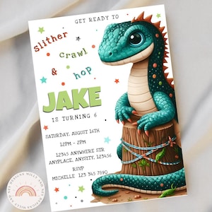 Reptile Party Invitation, Digital Editable Template for Kids, Printable Snake and Lizard Birthday Invite, Chameleon, Instant Download