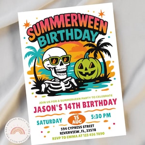 Invitación de cumpleaños de Summerween, invitación editable para fiesta fantasma en la piscina, descarga digital, diversión veraniega espeluznante, temática de Halloween instantánea