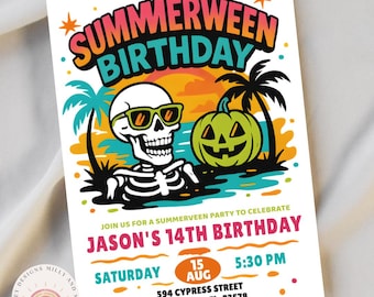 Invitación de cumpleaños de Summerween, invitación editable para fiesta fantasma en la piscina, descarga digital, diversión veraniega espeluznante, temática de Halloween instantánea