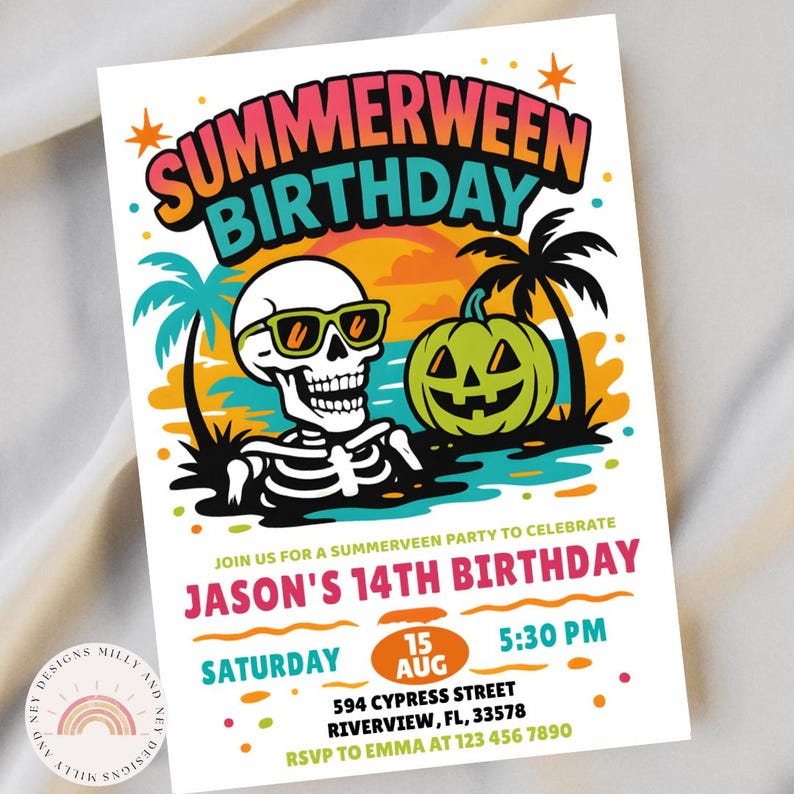 May include: A white invitation with a colorful "Summerween Birthday" design. It features a skeleton wearing sunglasses, a jack-o'-lantern, and palm trees. The text reads "Jason's 14th Birthday" with date, time, and location details.