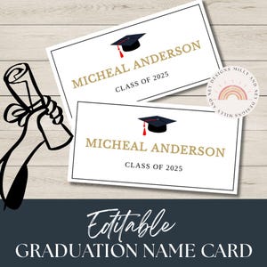 Anuncio de tarjeta de nombre de graduación imprimible, plantillas editables personalizadas para invitaciones de graduación de la clase de 2025,