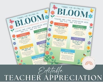 Teacher Appreciation Week Editable Floral Bloom Itinerary Flyer, Spring Garden Theme, Thank You for Teachers, Instant Download