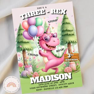 Three Rex Invitation Girl, Editable Dinosaur Birthday Invite, Cute Dino Party Template, Digital  Instant Download,