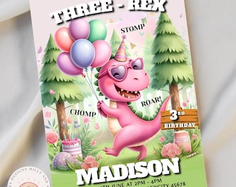 Drei Rex Einladung Mädchen, bearbeitbare Dinosaurier-Geburtstag einladen, niedliche Dino-Party-Vorlage, digitaler Sofort-Download,