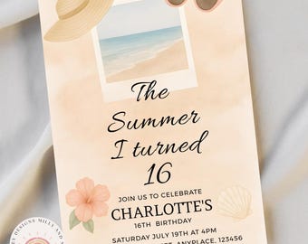 The Summer I Turned verjaardagsuitnodiging, bewerkbare sjabloon voor tienerverjaardag, decor zomerfeest, tienermeisjes digitale download, meisje nodigt uit