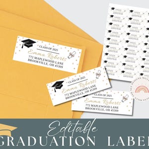 May include: Editable graduation labels with a gold glitter background and a black graduation cap. The labels say "Class of 2025" and "Emma Roberts" with an address.