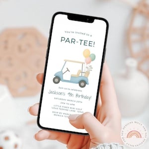 Golf Theme Birthday Invitation, Editable 9th Digital Party Invite, Fun Sports Template for Kids&#39; Birthday Celebration,  Boy  Blue Golf Cart