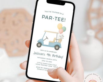 Convite de aniversário com tema de golfe, convite digital editável para festa de 9 anos, modelo esportivo divertido para comemoração de aniversário infantil, carrinho de golfe azul para meninos