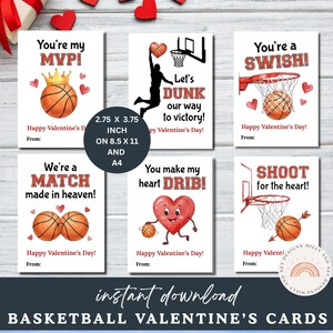 May include: Basketball Valentine's Day cards with basketball-themed puns. Designs include basketballs, hoops, and hearts. The cards are 7 x 9.5 cm and available for instant download. Text includes "You're my MVP!" and "Let's DUNK."