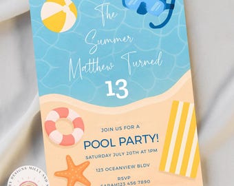 The Summer I Turned verjaardagsuitnodiging, bewerkbare sjabloon voor tienerverjaardag, decor zomerfeest, instant zomerfeest meisje uitnodigen