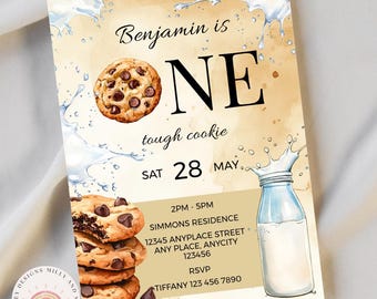 May include: A tan and brown invitation with a watercolor background. The invitation is for a first birthday party for a boy named Benjamin. The invitation features a chocolate chip cookie and a glass bottle of milk. The text on the invitation reads "Benjamin is ONE tough cookie" and "SAT 28 MAY".