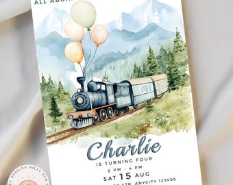 4th Birthday Invitation Train, Choo Choo Train Party Invite, Digital Download, Editable Template for Boys, Fun Vintage Train For Kids