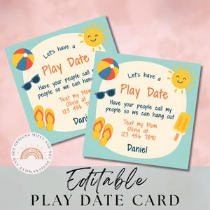 Spieldatum Visitenkarte, druckbare Kinder-Visitenkarte, bearbeitbare Sommerkontaktkarte, lustige Playdate-Einladung