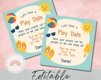 Play Date Business Card, Printable Kids Calling Card, Editable Summer Contact Card, Fun Playdate Invitation