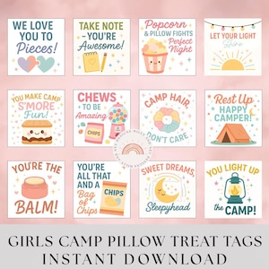 LDS Girls Camp Tuck In Treat Tags,  Girls Camp Pillow Treat Tags,  Young Women Camp Treat Tags, YW Girls Camp 2025 Gift Ideas, Instant
