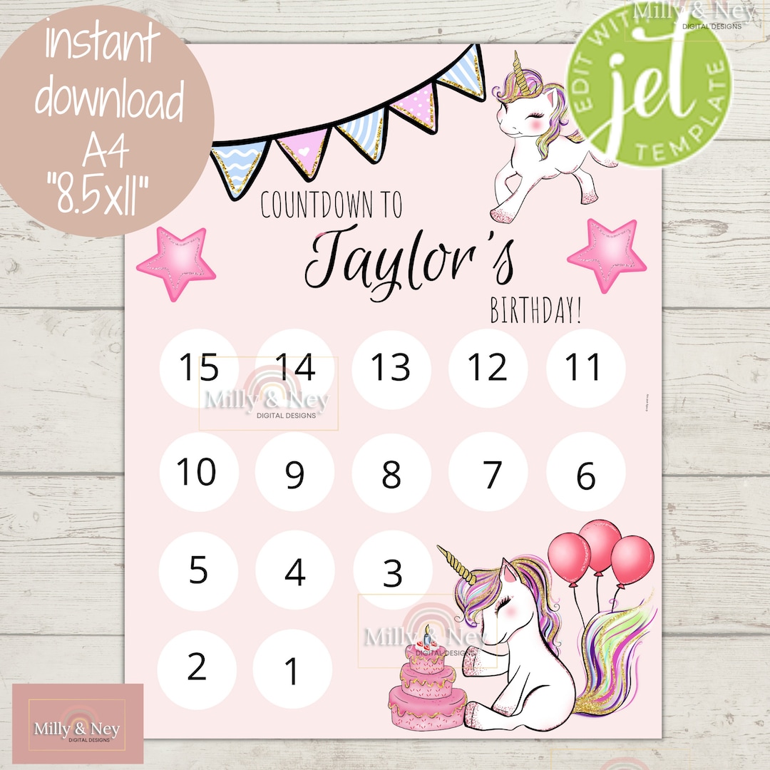 Editable Kids Unicorn | Birthday Countdown | Party Favors | Birthday ...