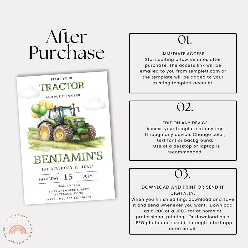 May include: A printable invitation template for a first birthday party. The design features a green tractor with balloons, clouds, and the text "Benjamin's 1st Birthday is Here!" Includes instructions for editing and downloading the template.