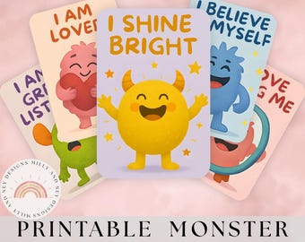 Monster Affirmation Cards for Kids, Cute Positive Monster Quotes, Printable Child Daily Motivation Card, Encouraging Fun Self Esteem Booster
