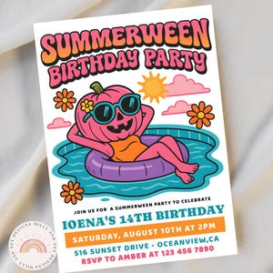 Invitación de cumpleaños de Summerween, invitación editable para fiesta fantasma en la piscina, descarga digital, diversión veraniega espeluznante, temática de Halloween instantánea