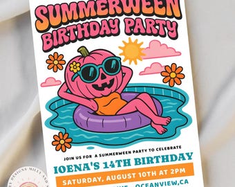 Invitación de cumpleaños de Summerween, invitación editable para fiesta fantasma en la piscina, descarga digital, diversión veraniega espeluznante, temática de Halloween instantánea